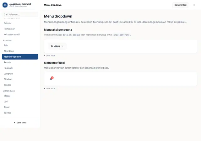 Pratinjau halaman Menu dropdown