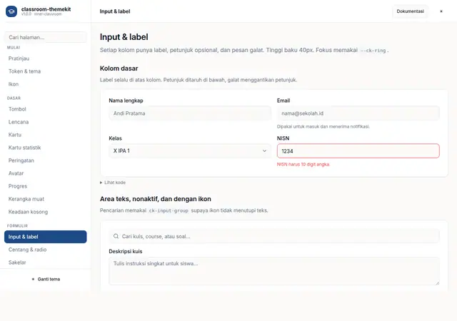Pratinjau halaman Input & label