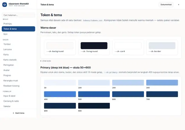 Pratinjau halaman Token & tema